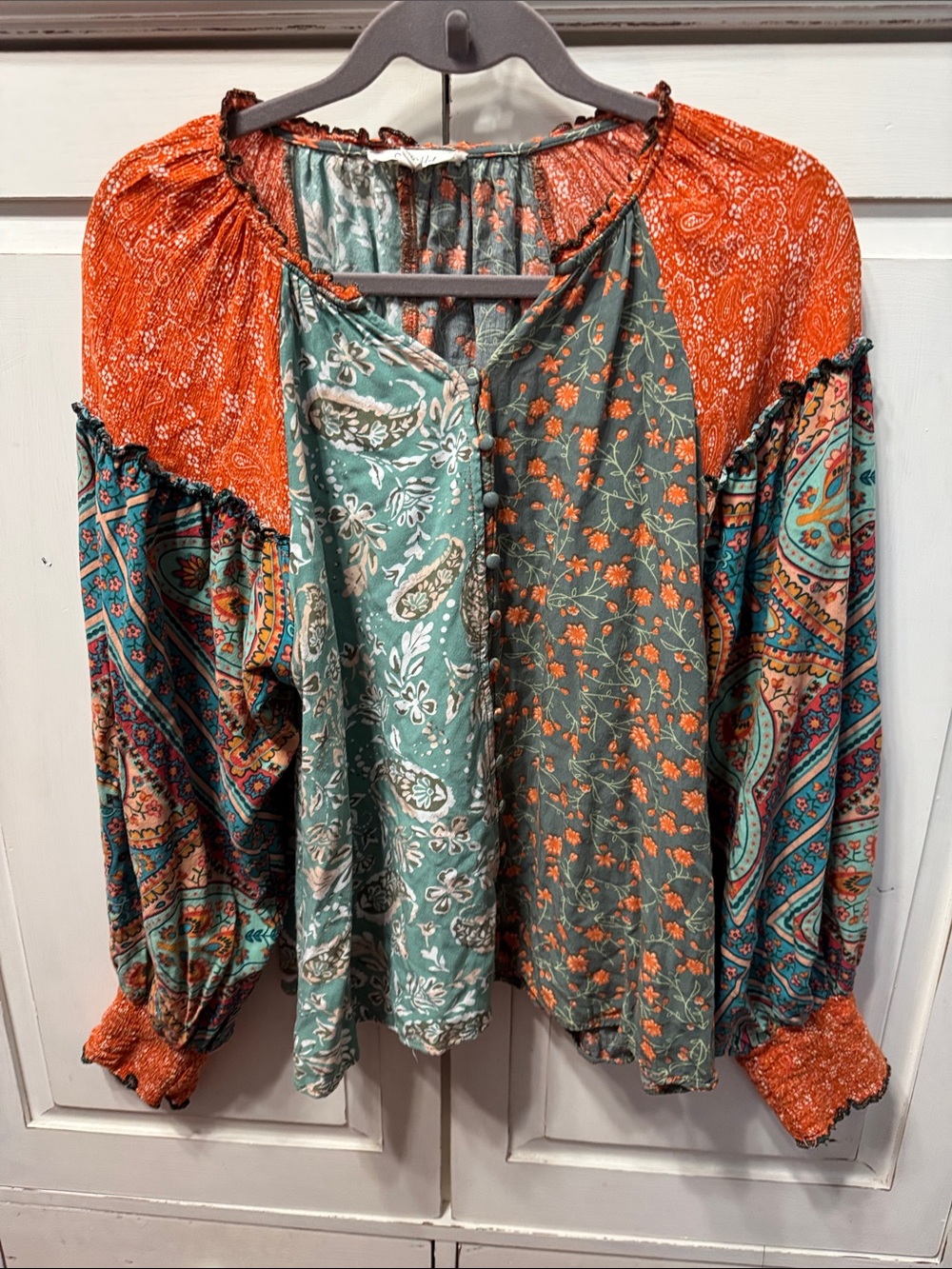 Oli & Hali Boho Patchwork Peasant Blouse in Orange and Teal